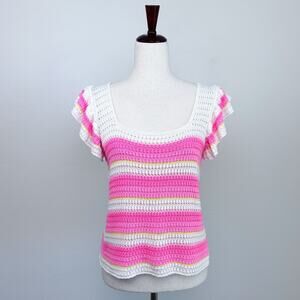 Lilly Pulitzer Pink Stripe Crochet Ruffle Cap Sleeve Cordetta Sweater Tank SMALL